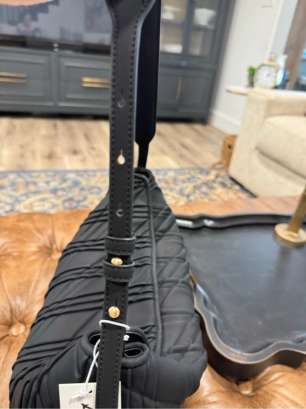 Sam Edelman Black Quilted Peddy Shoulder Bag with Textured Diagonal Stitching